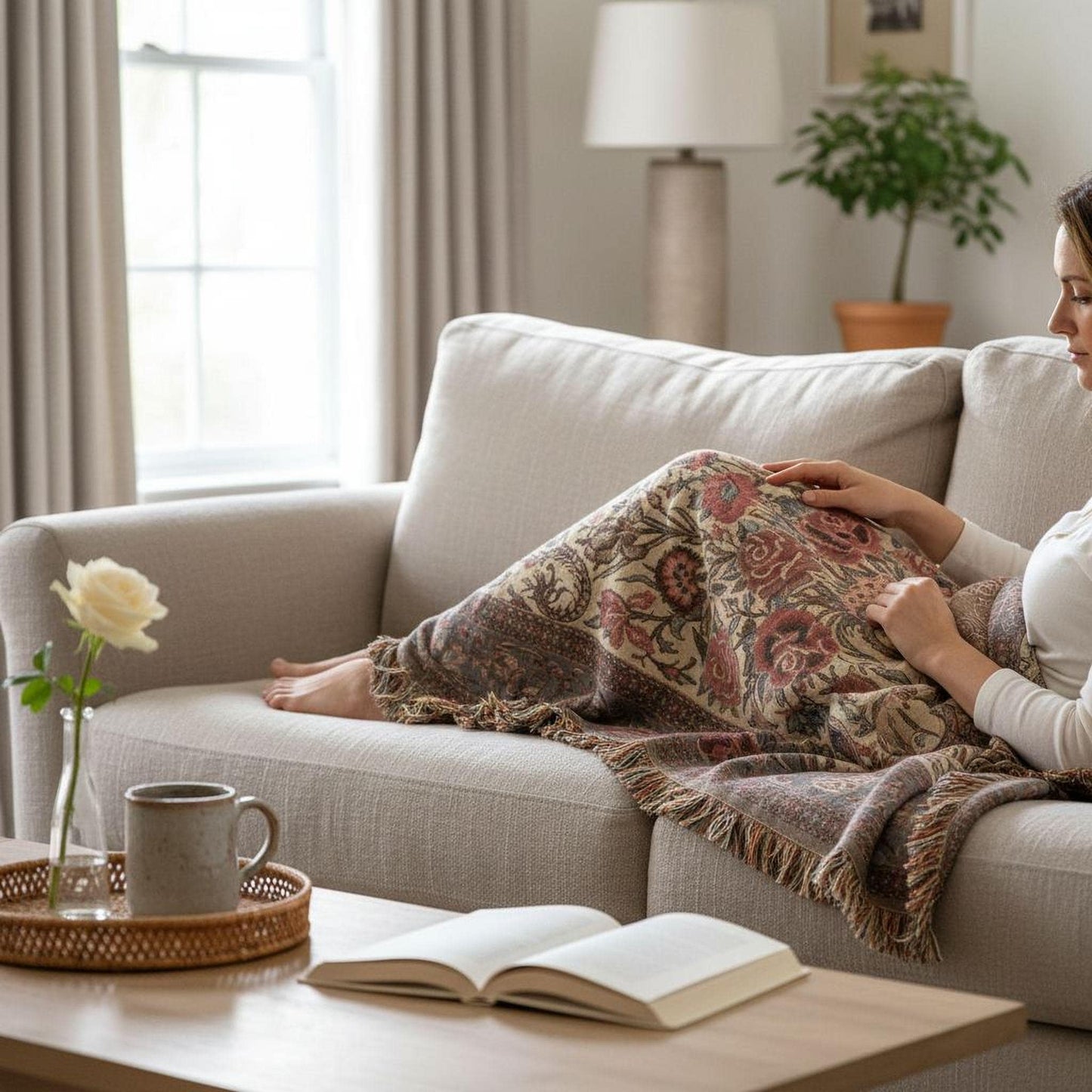 Moroccan Inspired woven blanket with floral pattern styled for layered home decor