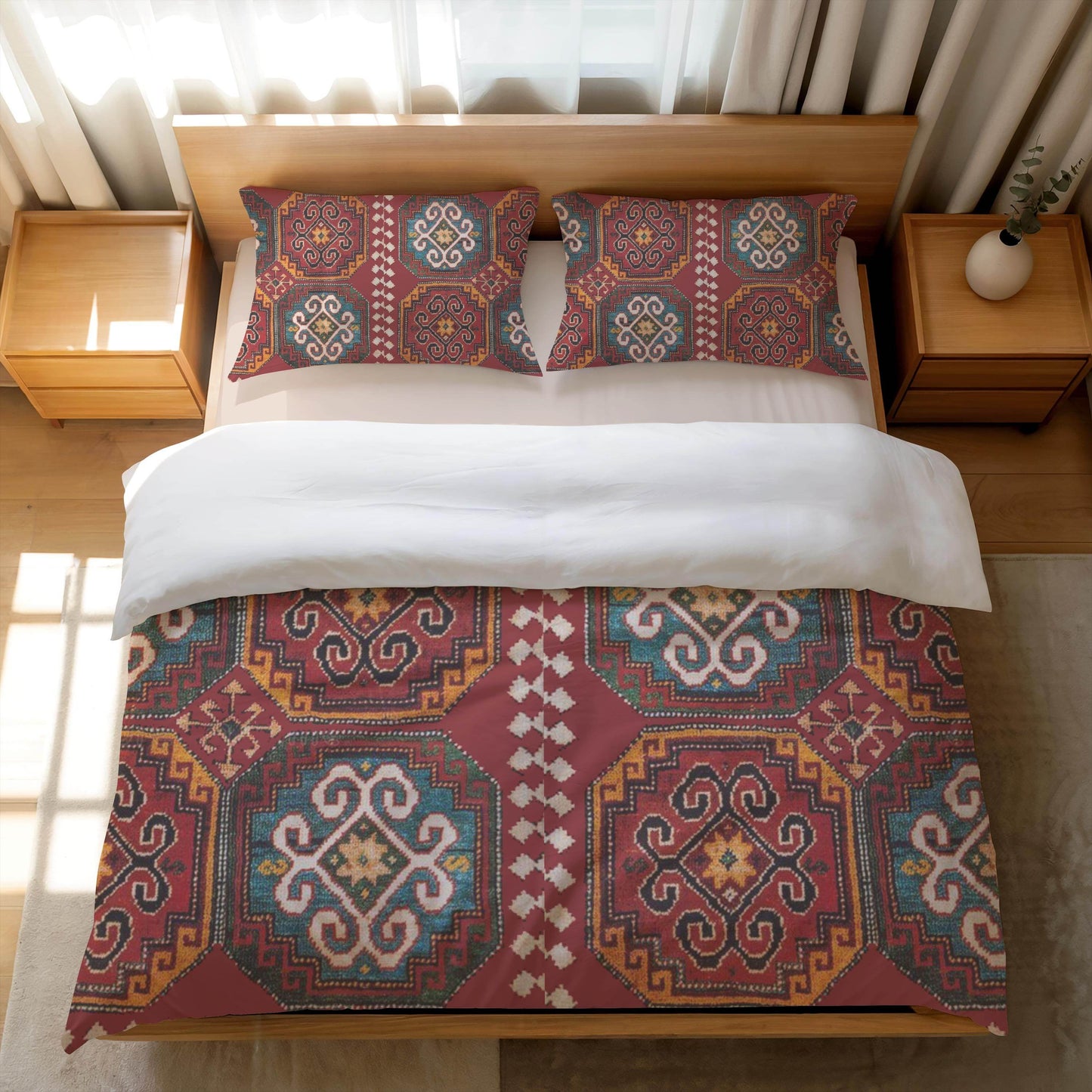 Caucasian Rug Duvet - Armenian Pattern Bedding Set | Soft Breathable 3 Piece Cover - timelessbohochic.com