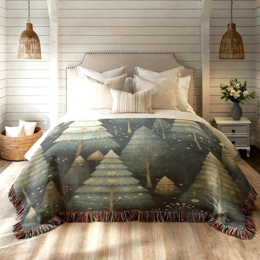 Festive Forest Blanket – Woven Cotton Throw with Xmas Tree Design, Cozy Winter Cover - timelessbohochic.com