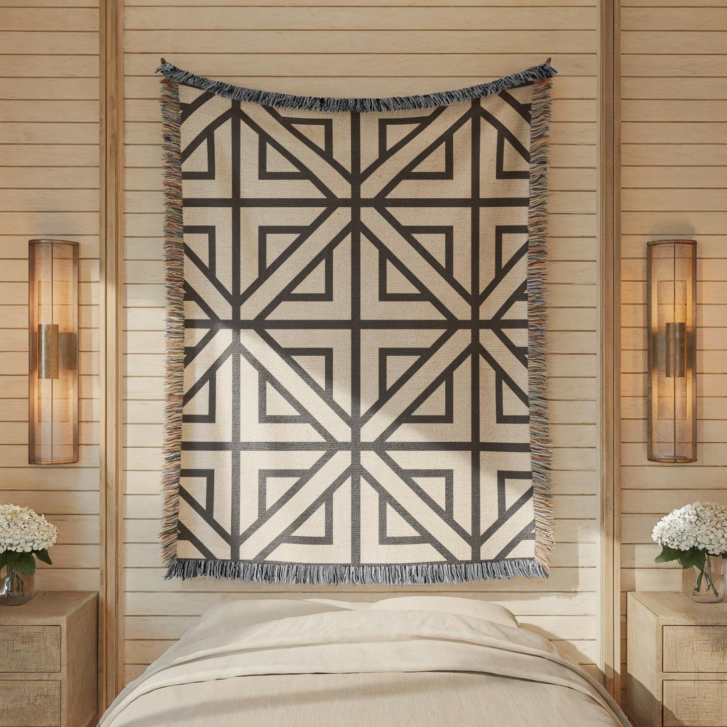 Modern Geometric woven blanket with geometric pattern styled for layered home decor