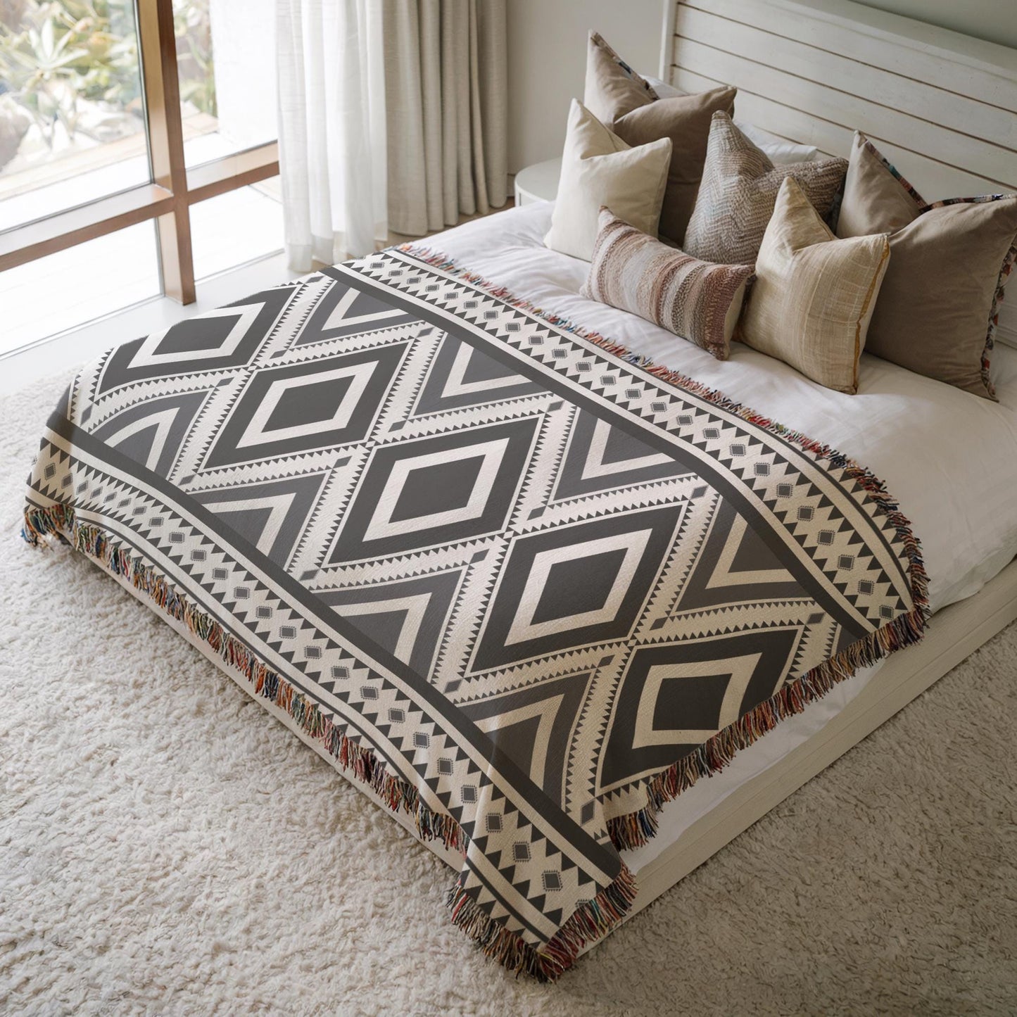 Southwestern woven blanket with geometric pattern styled for layered home decor