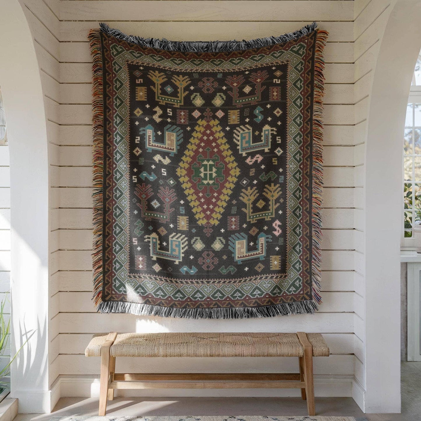Caucasian Rug Inspired woven wall tapestry with geometric pattern styled as textile wall decor