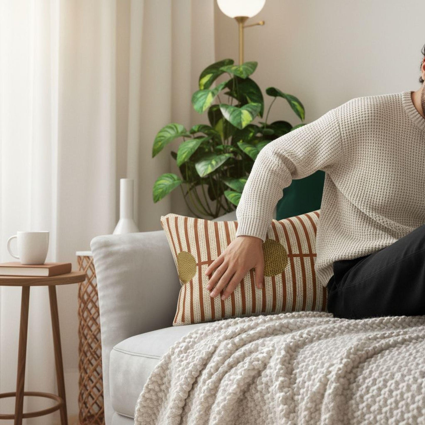 Scandinavian Inspired throw pillow with geometric pattern styled on a sofa or bed
