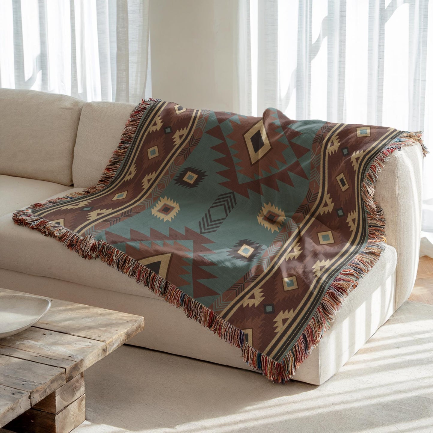 Southwestern woven blanket with geometric pattern styled for layered home decor