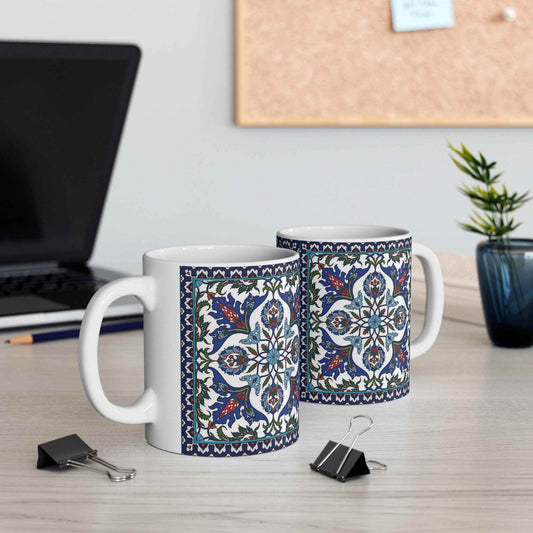 Armenian Coffee Mug – Handpainted Blue Ceramic Mug With Haykakan Design - timelessbohochic.com