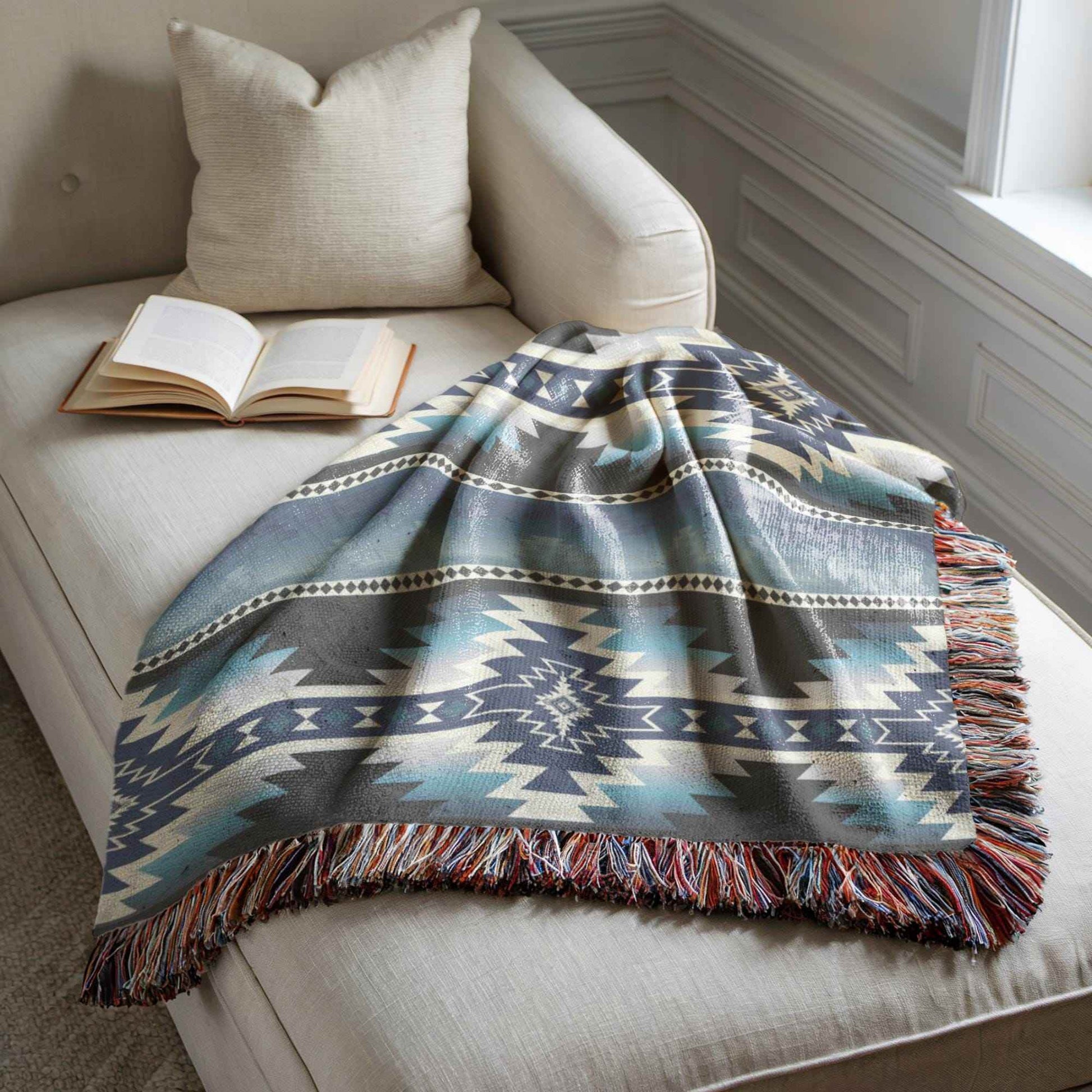 Native American Tribal Blanket - Cozy Cotton Woven Throw with Fringed Edges - timelessbohochic.com