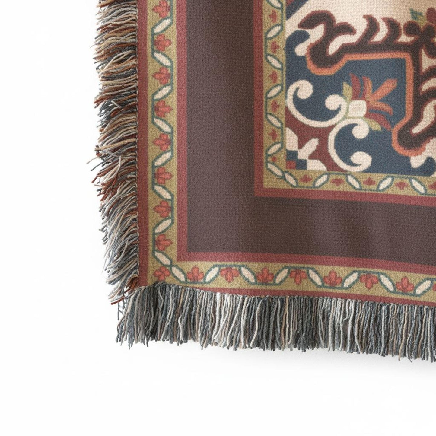 Moroccan Inspired woven wall tapestry with rug-style pattern styled as textile wall decor