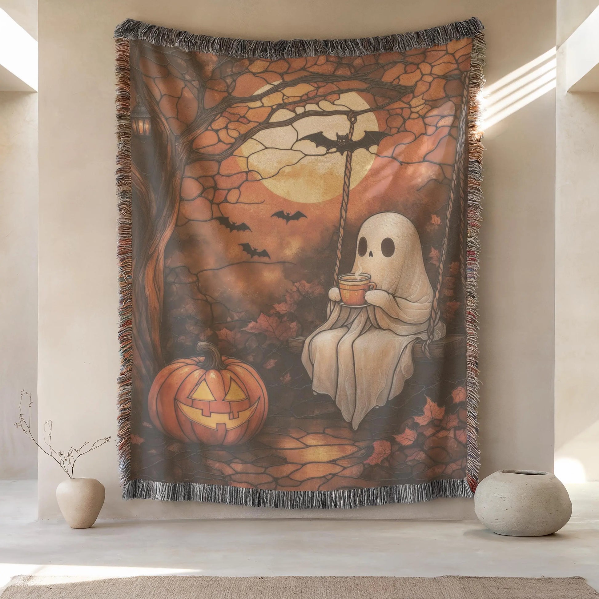 Halloween Ghost Tapestry - Woven Cotton Pumpkin Wall Hanging | Cozy Autumn Decor