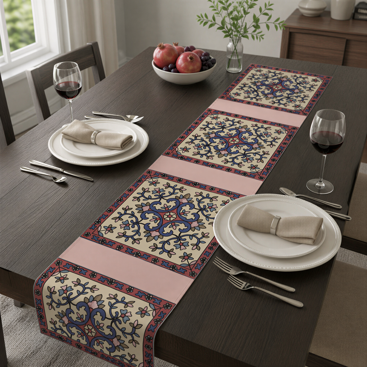 Cream Armenian floral table runner shown on a dark wood dining table