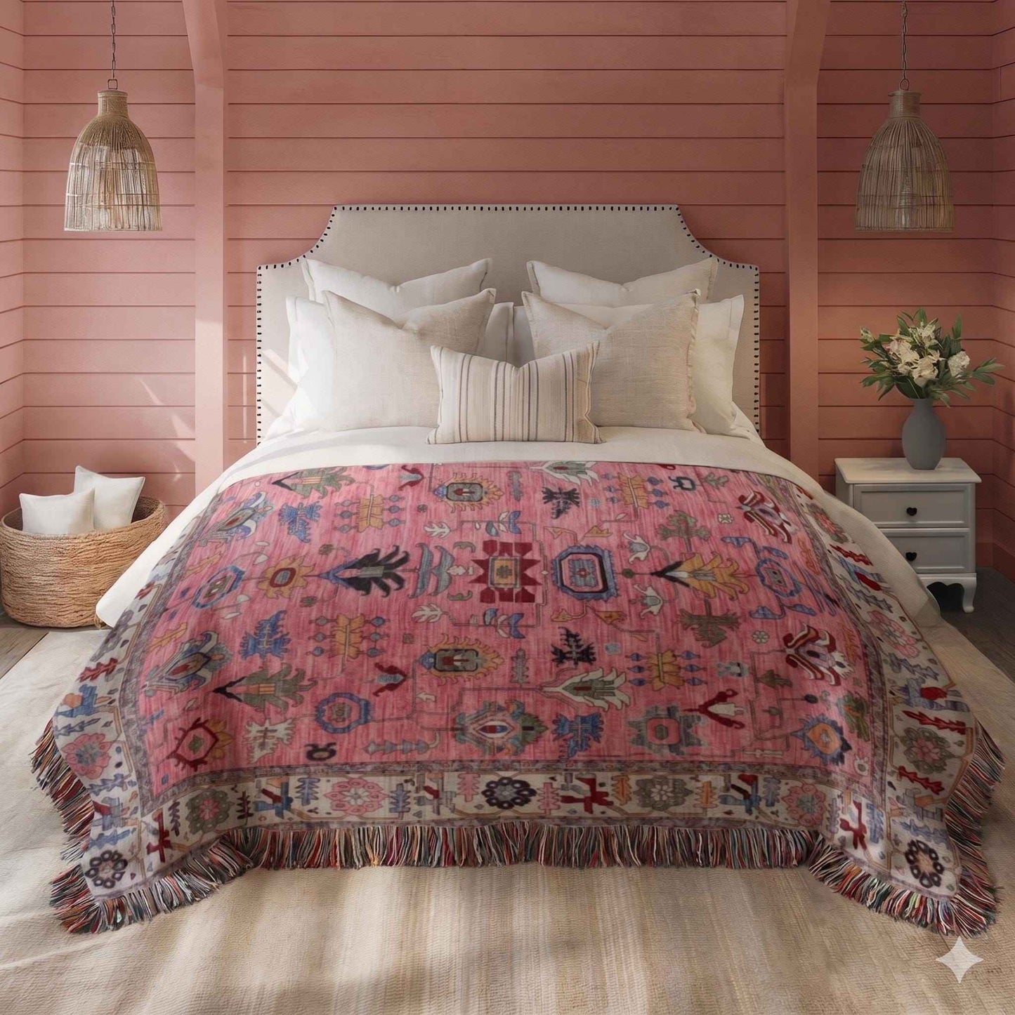 Anatolian Inspired woven blanket with rug-style pattern styled for layered home decor