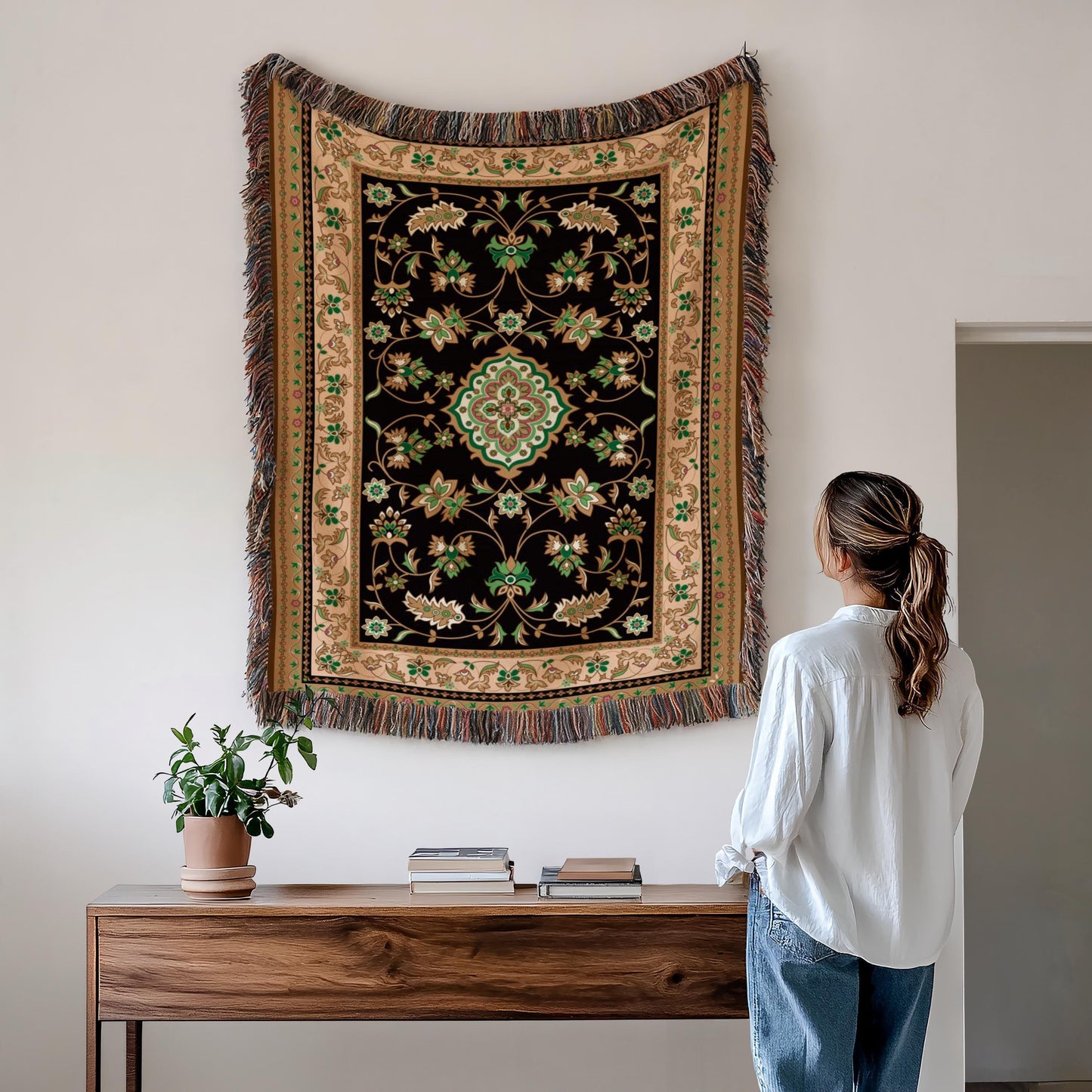 Caucasian Rug Inspired woven wall tapestry with geometric pattern styled as textile wall decor