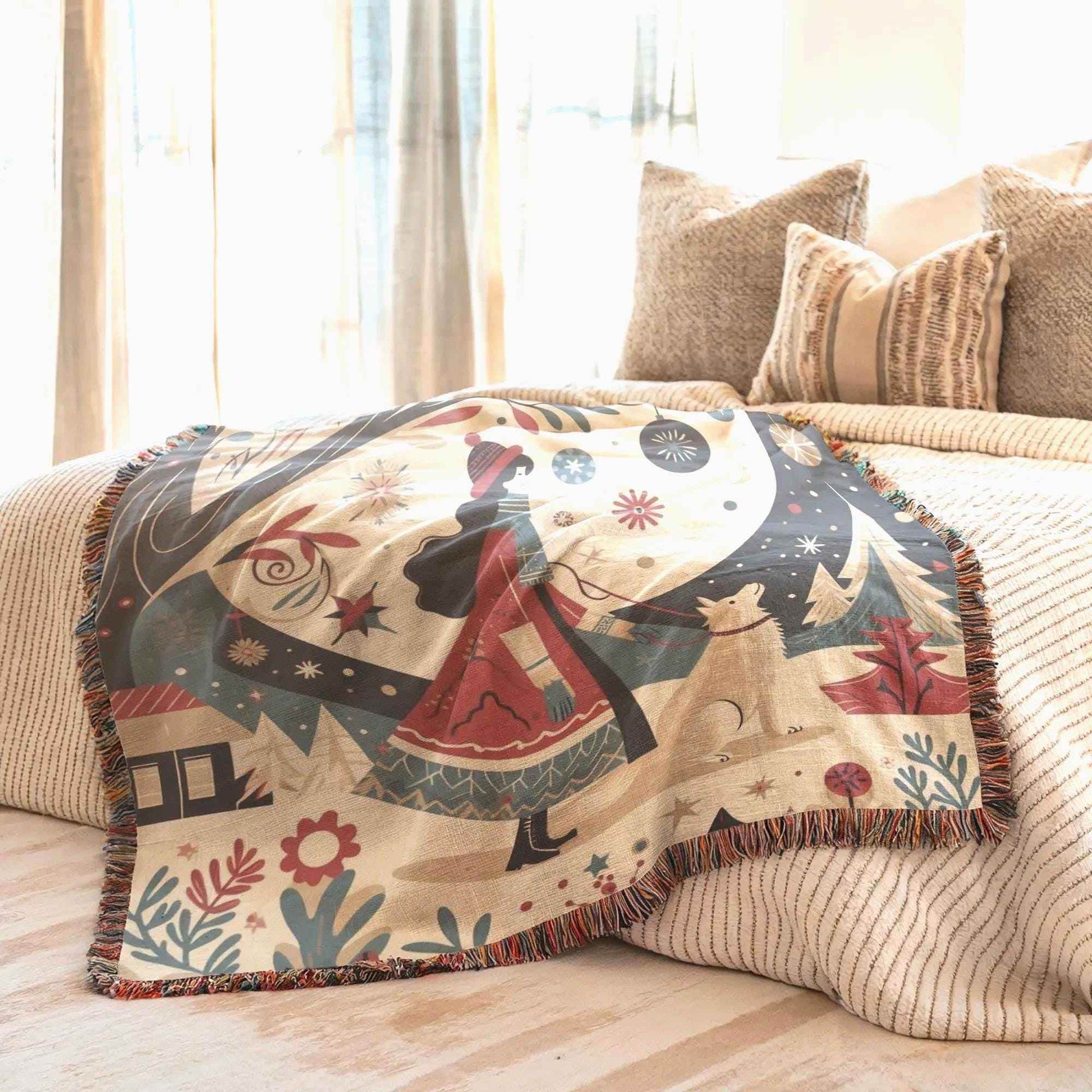 Cozy Cotton Blanket – Holiday Bedding With Winter Village Throw & Folk Art Design - timelessbohochic.com