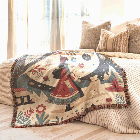 Cozy Cotton Blanket – Holiday Bedding With Winter Village Throw & Folk Art Design - timelessbohochic.com