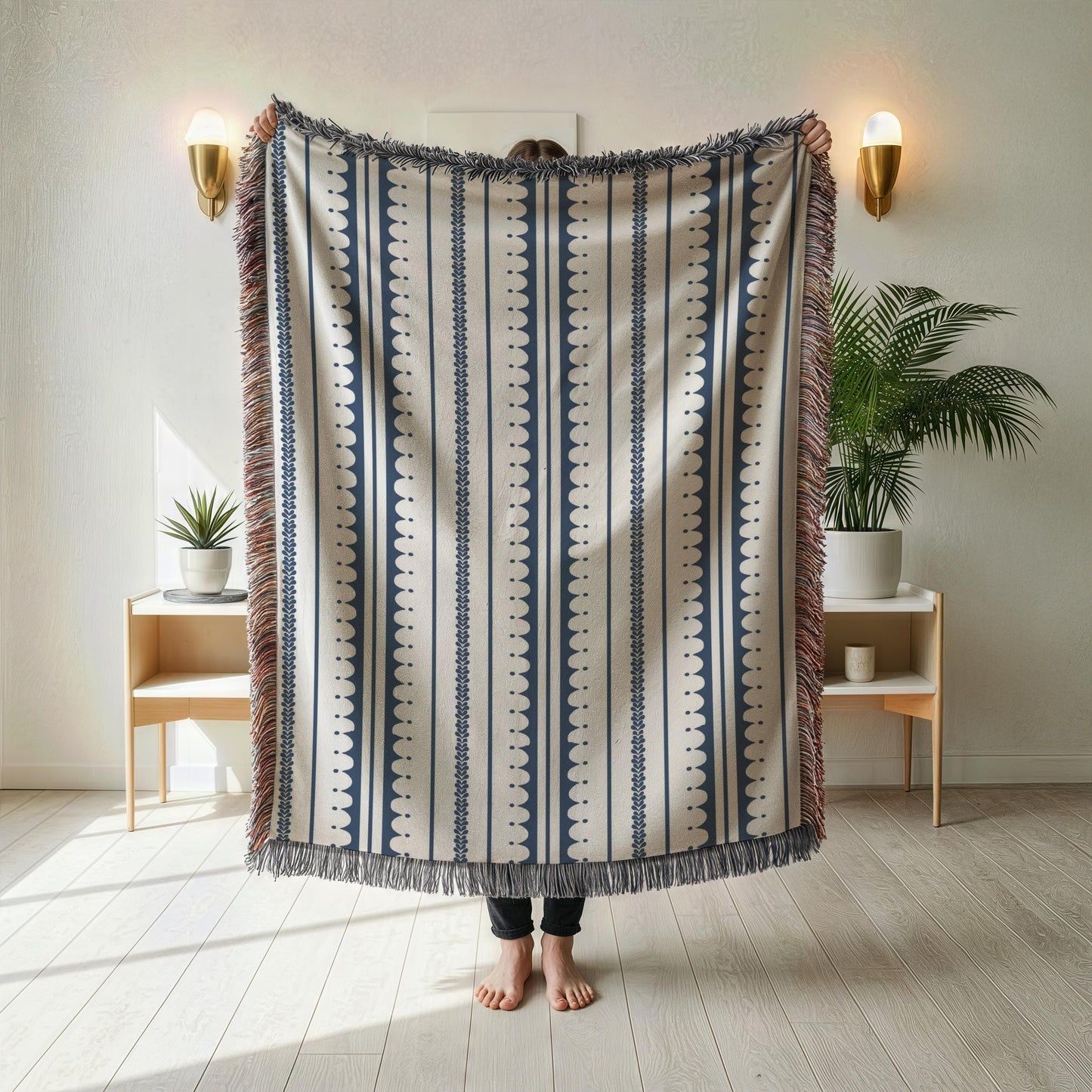 Modern Geometric woven blanket with geometric pattern styled for layered home decor