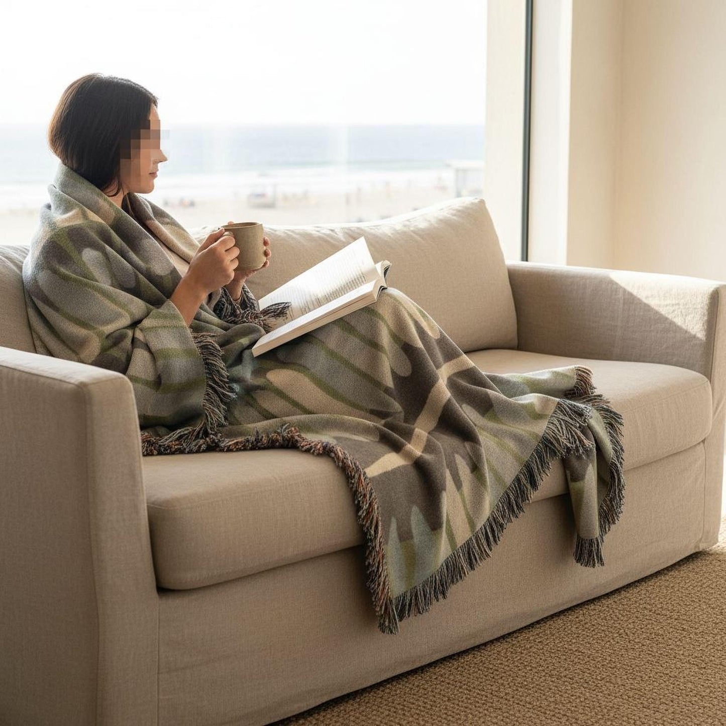 Modern Geometric woven blanket with geometric pattern styled for layered home decor