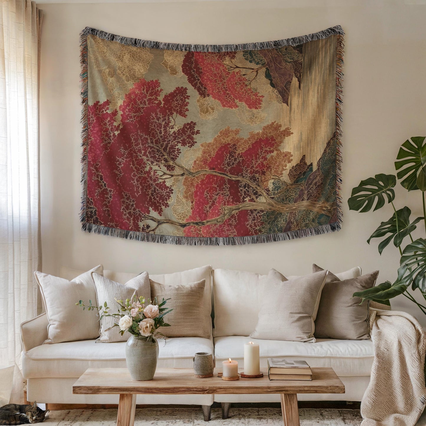 Scandinavian Inspired woven wall tapestry with rug-style pattern styled as textile wall decor