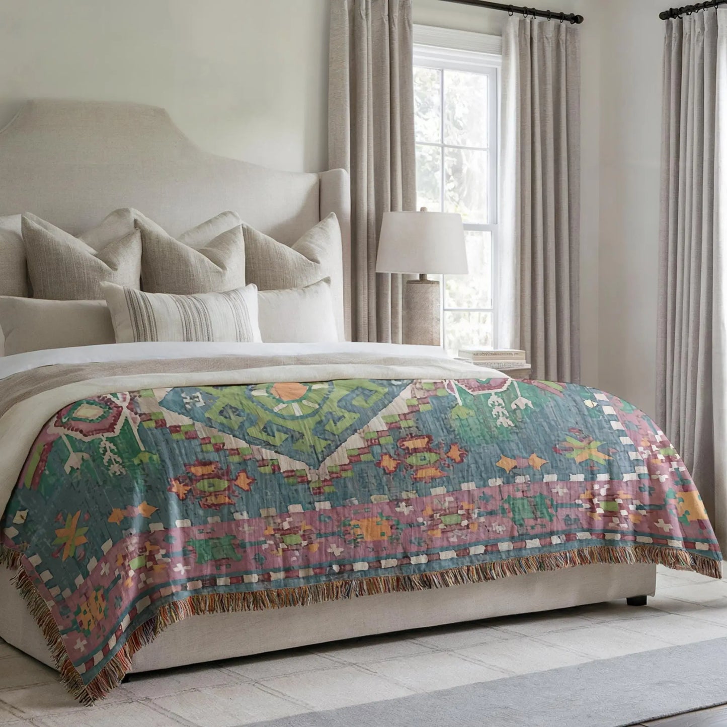 Cotton Throw Blanket – Persian Rug Throw With Colorful Fringed Edges | Boho Home Decor