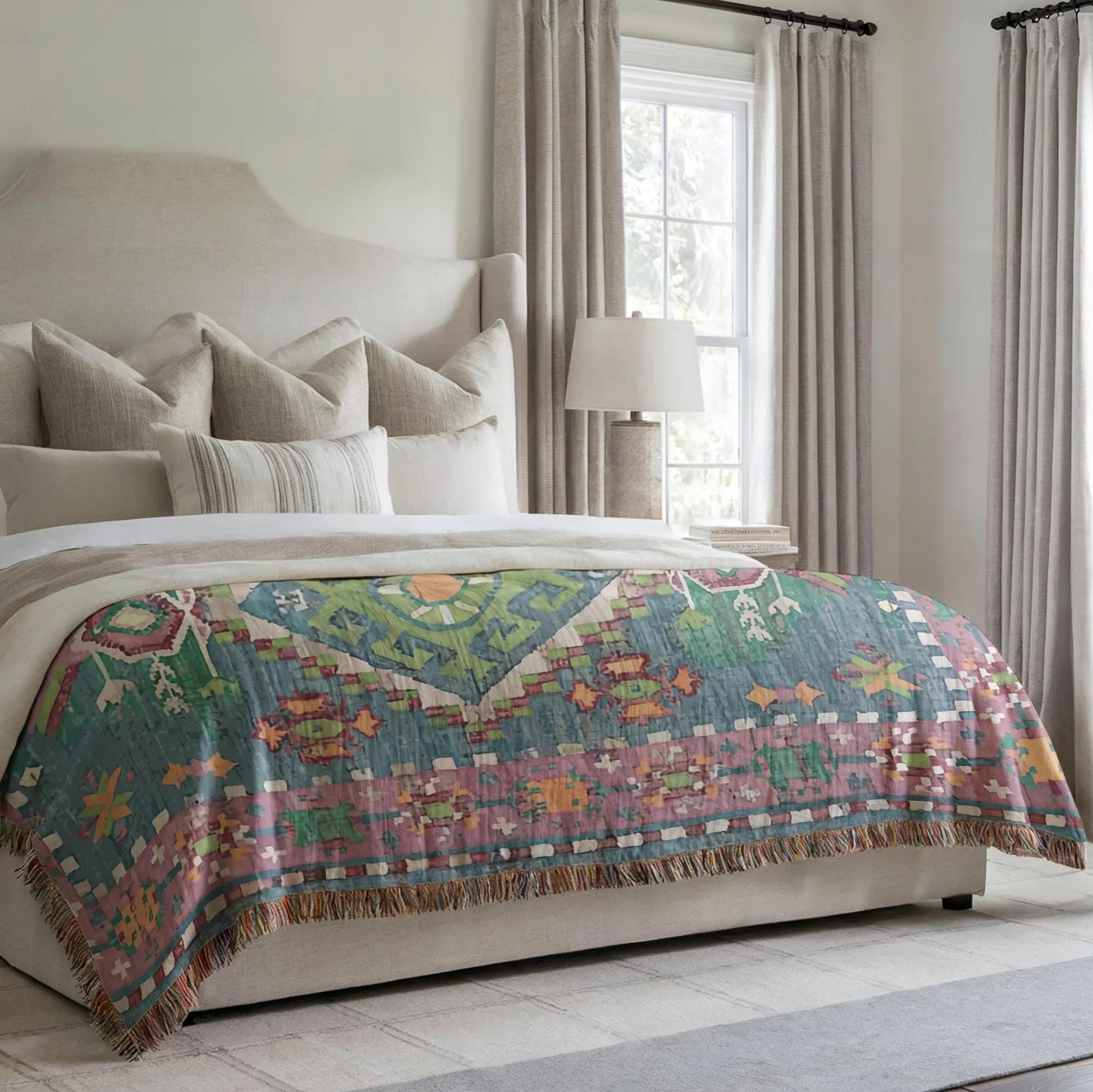Cotton Throw Blanket – Persian Rug Throw With Colorful Fringed Edges | Boho Home Decor