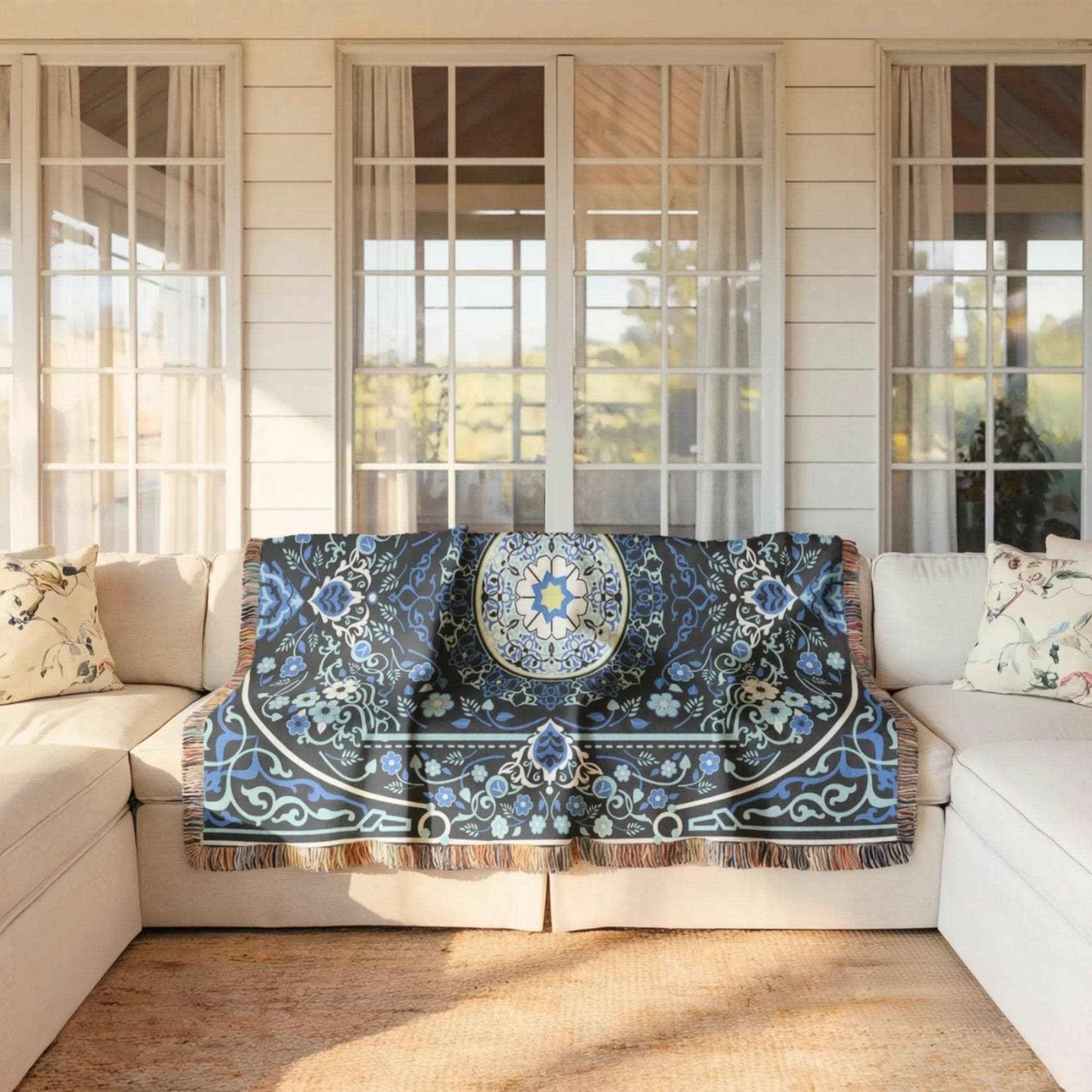 Anatolian Inspired woven blanket with rug-style pattern styled for layered home decor
