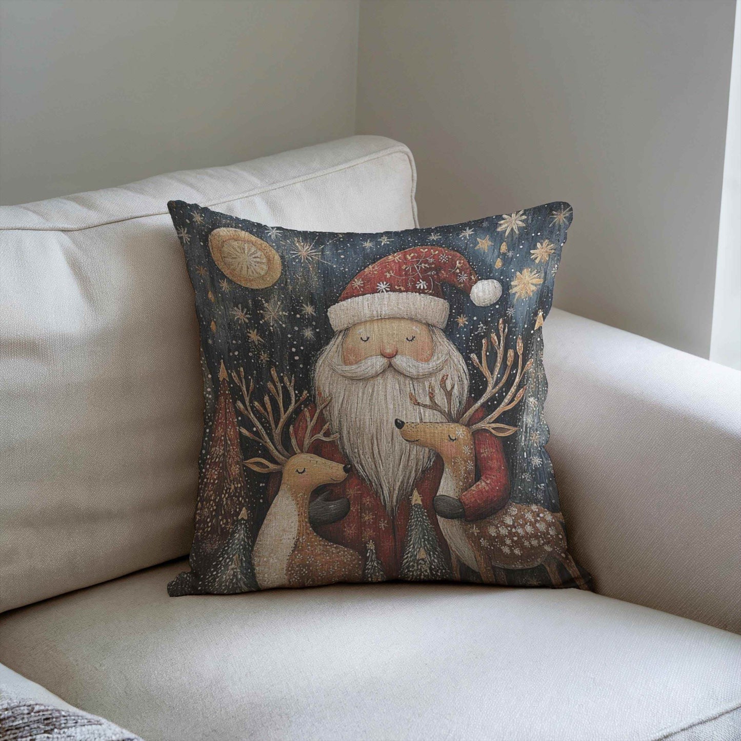 Christmas Santa Pillow - Festive Throw Pillow With Santa And Reindeer Design - timelessbohochic.com