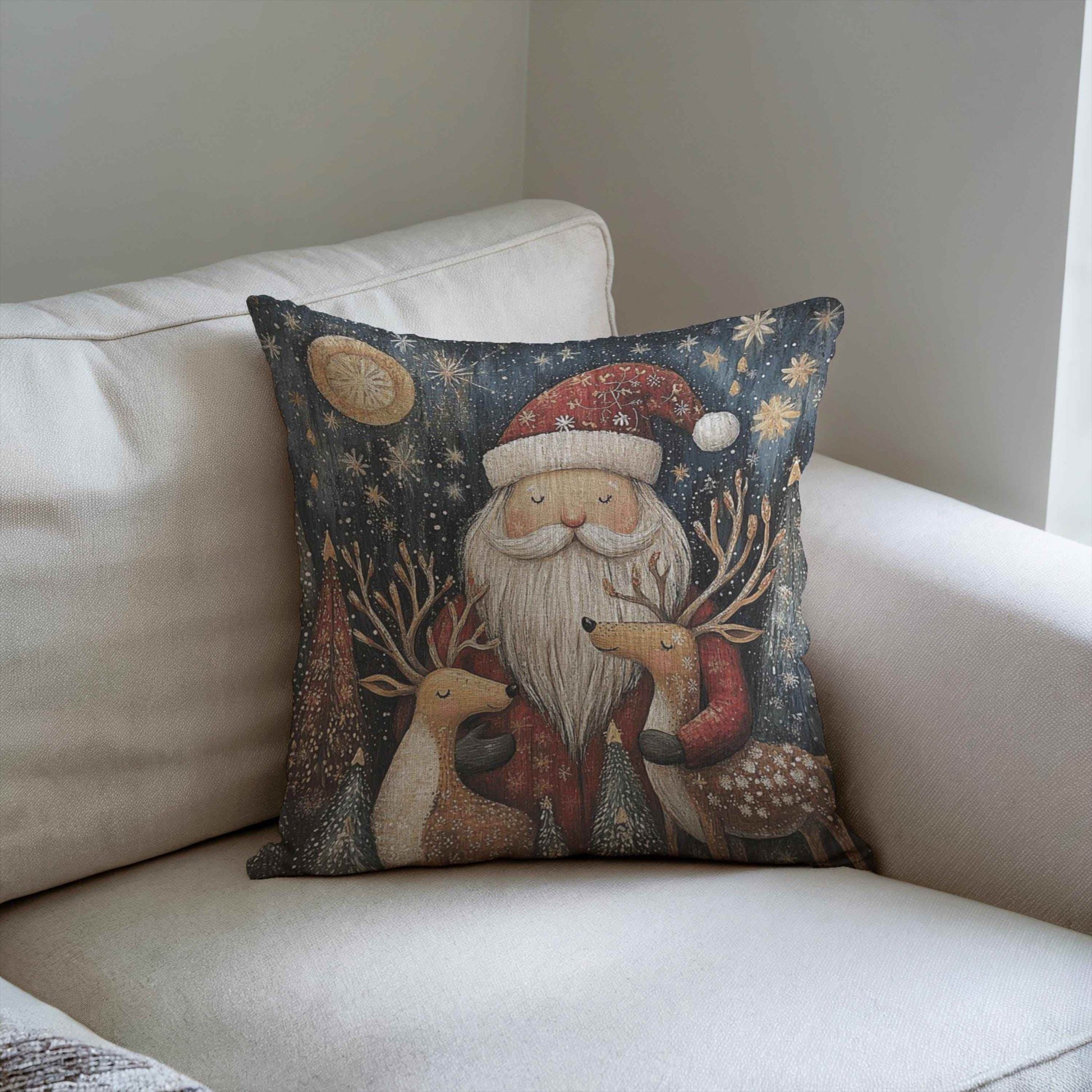 Christmas Santa Pillow - Festive Throw Pillow With Santa And Reindeer Design - timelessbohochic.com