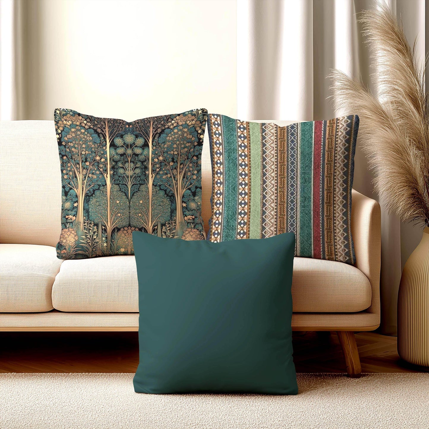 Art Deco Pillow – Woven Cotton Cushion with Insert | Elegant Forestcore Design - timelessbohochic.com