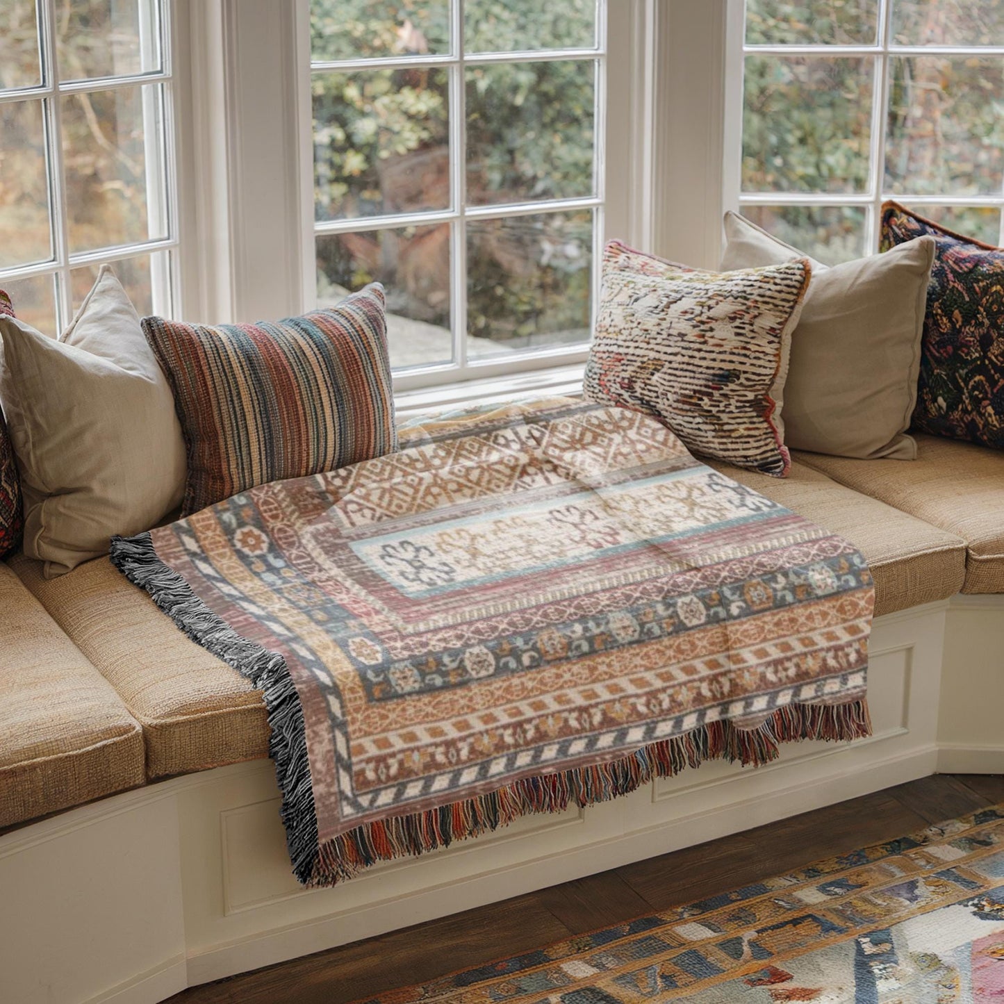 Southwestern woven blanket with geometric pattern styled for layered home decor