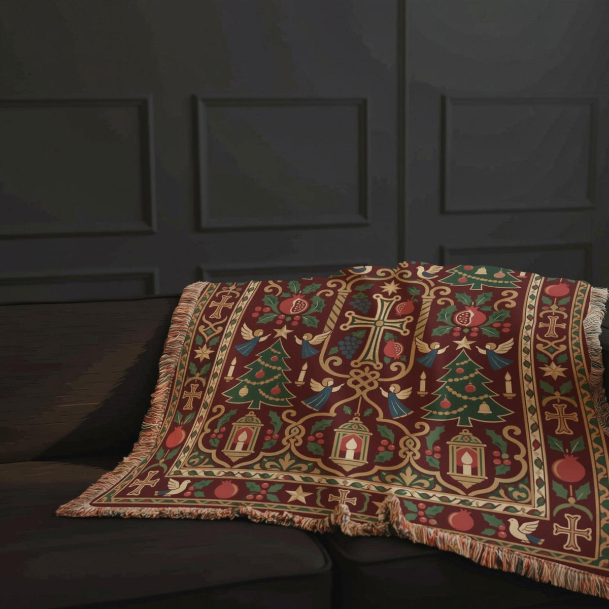 Armenian Christmas tree blanket draped over a sofa below a mantel with stockings and garland