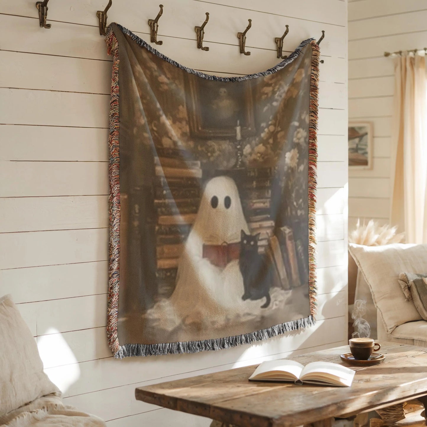 Ghost Cat Blanket – Cozy Throw With Cute Ghost Design | Warm Cotton Woven Blanket