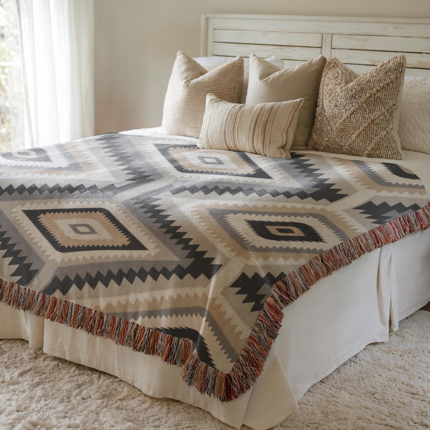 Southwestern woven blanket with geometric pattern styled for layered home decor