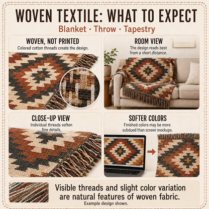 Woven textile card: woven not printed, close-up thread texture, softer colours than on screen