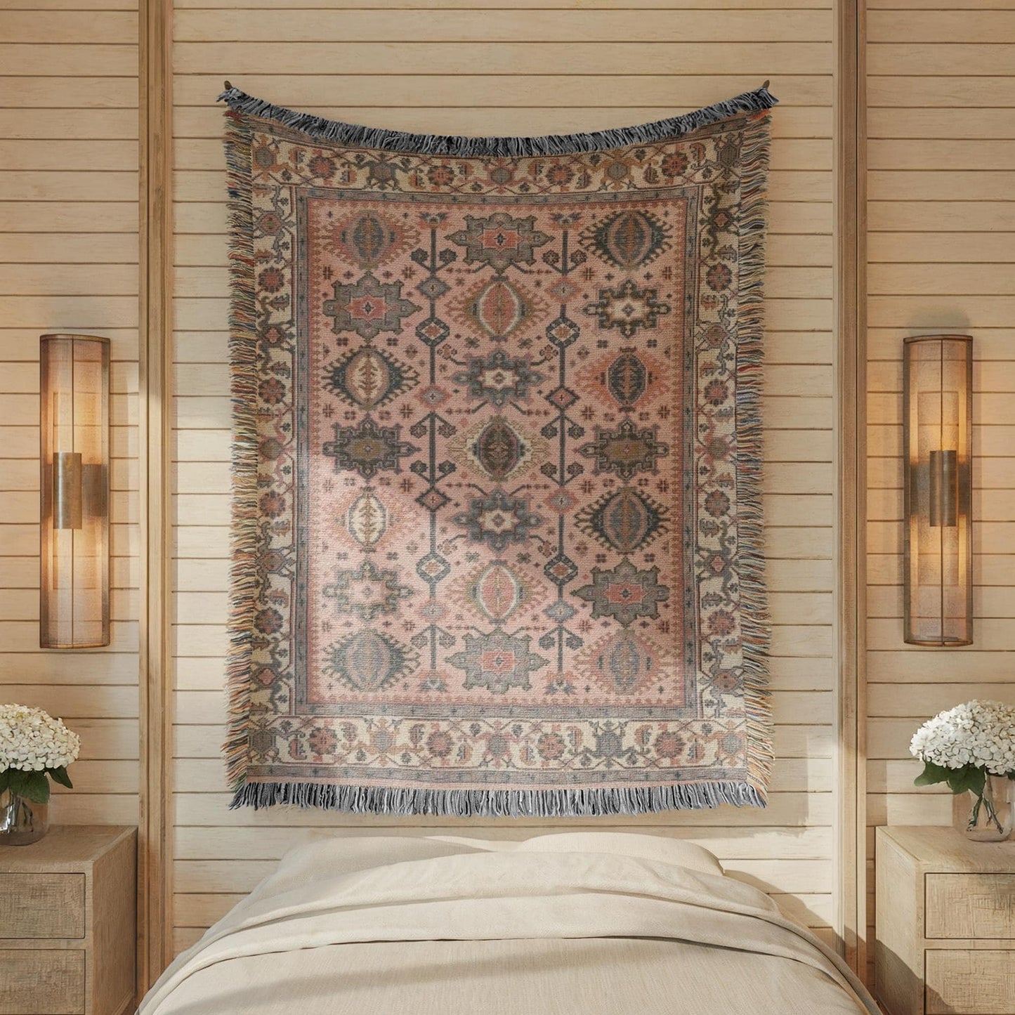 Caucasian Rug Inspired woven wall tapestry with geometric pattern styled as textile wall decor
