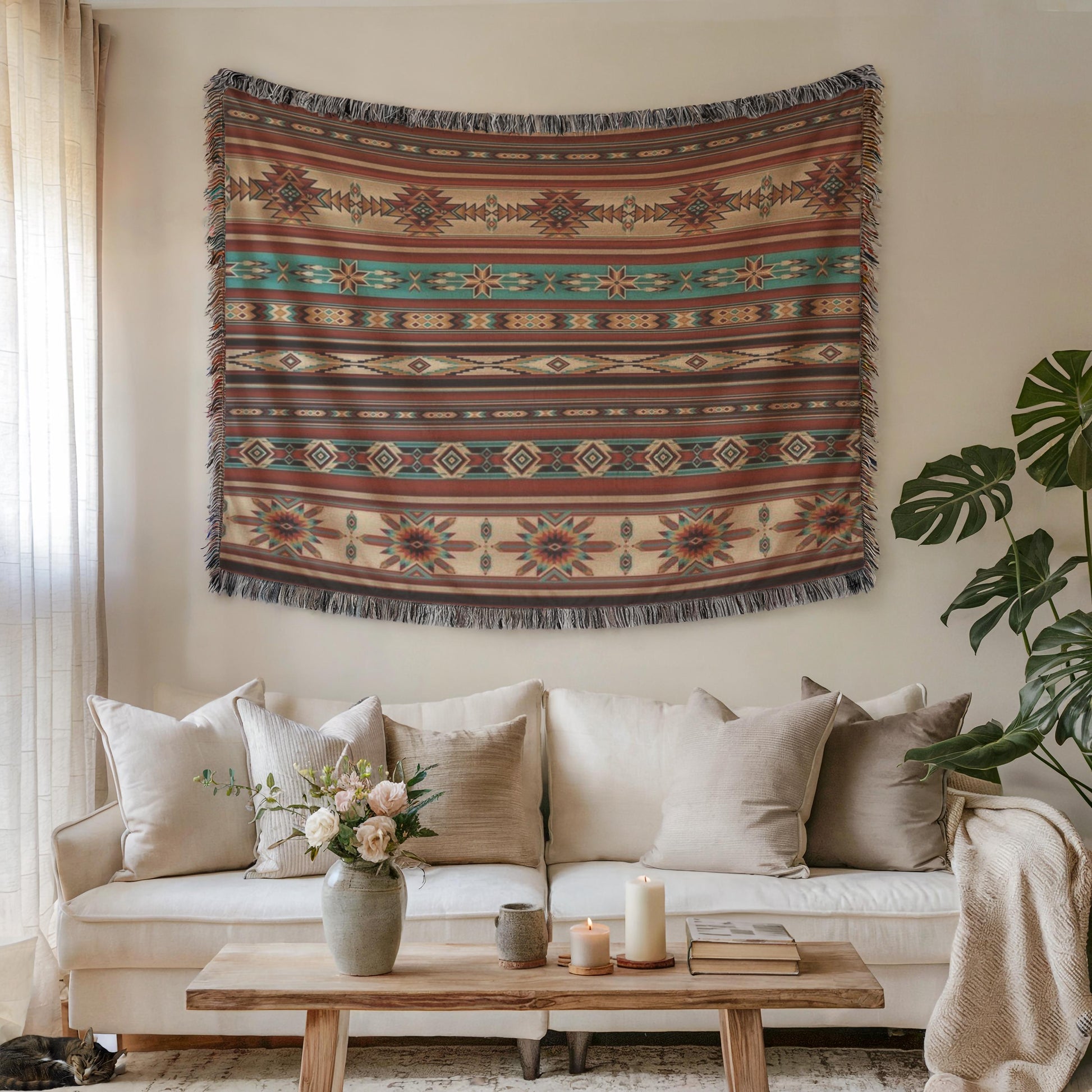 Navajo Pattern Tapestry - Southwestern Woven Wall Hanging with Colorful Fringes