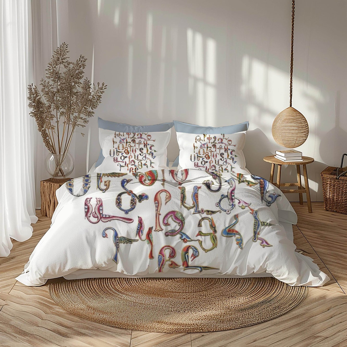Armenian Alphabet Duvet Cover - Multicolor Bedding Set with Trchnagir Pattern & Zipper Closure - timelessbohochic.com