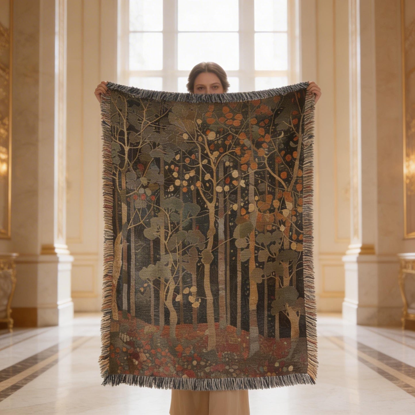 Scandinavian Inspired woven blanket with rug-style pattern styled for layered home decor
