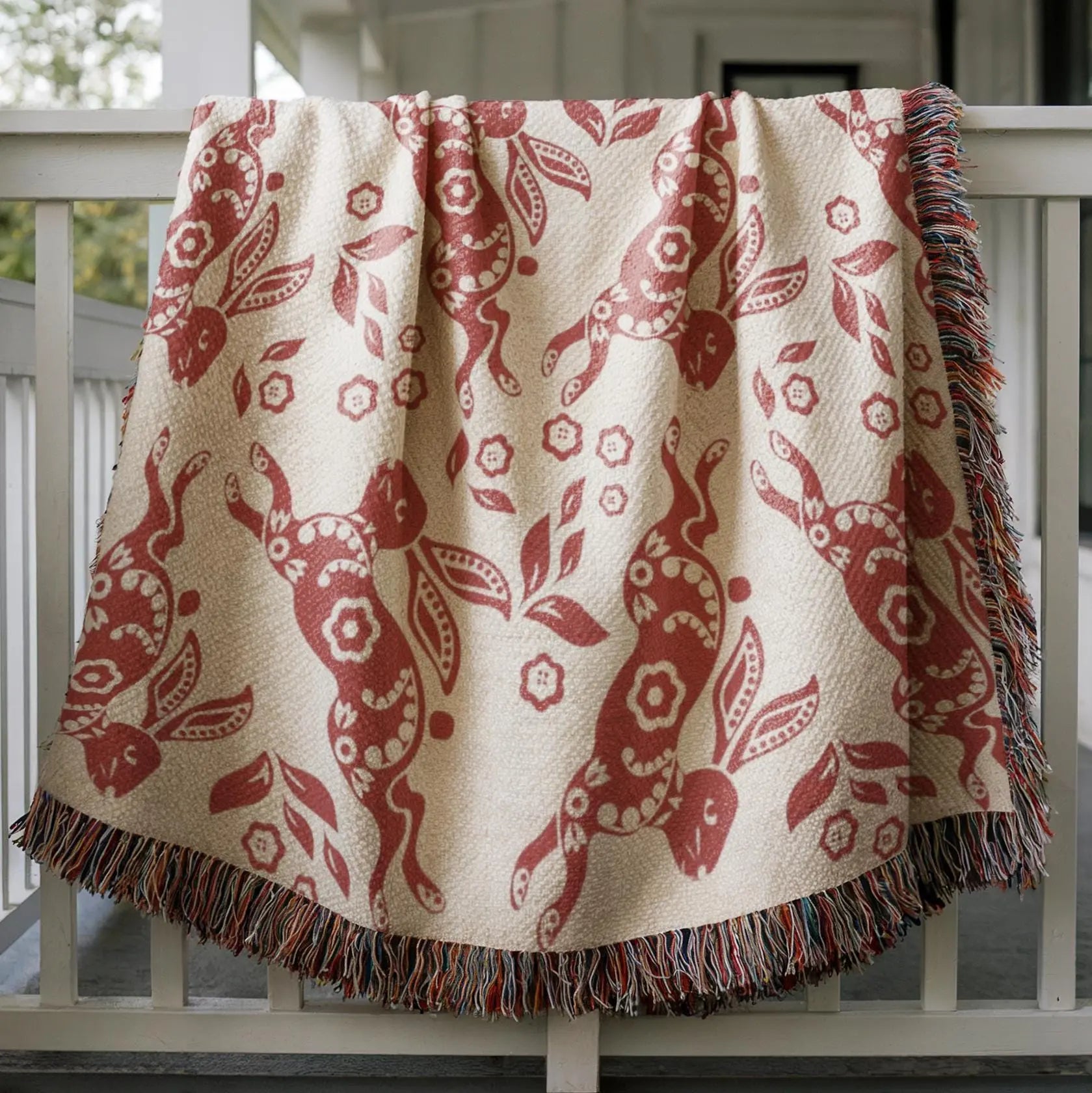 Nordic Cotton Throw – Cozy Boho Sofa Blanket With Dala Bunny Design & Lightweight Picnic Wrap