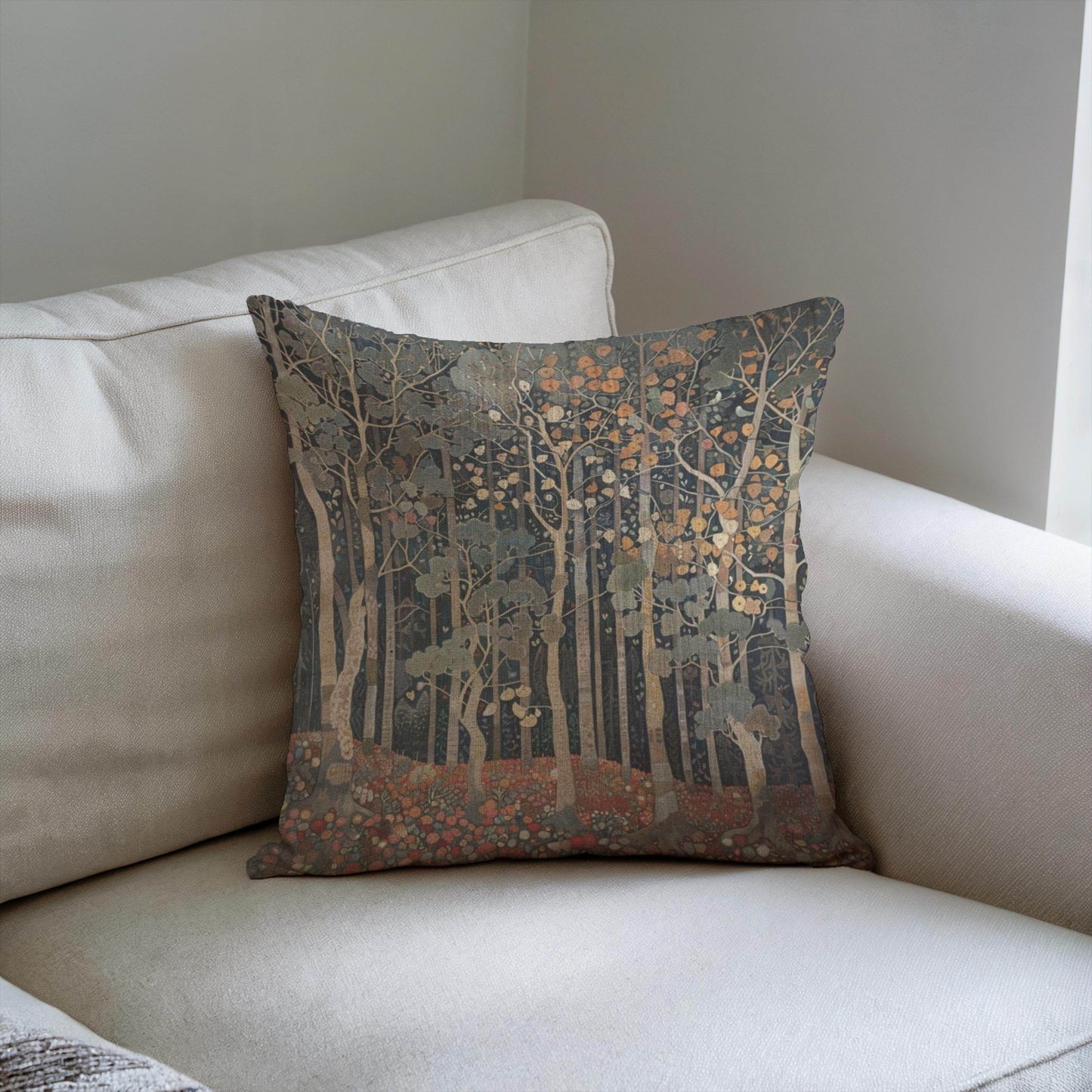 Art Deco Cushion - Retro Style Pillow with Forest Design | Woven Cotton 18x18 - timelessbohochic.com