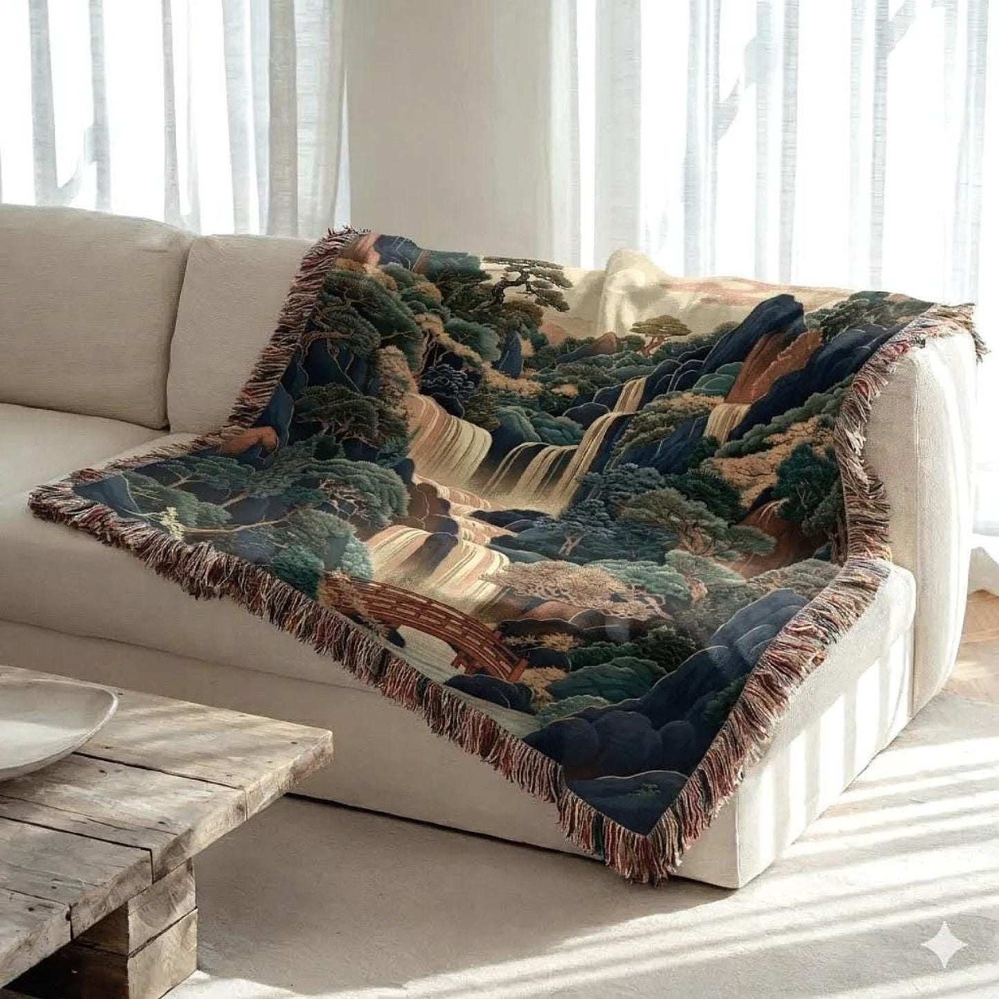 Boho woven blanket with woven pattern styled for layered home decor