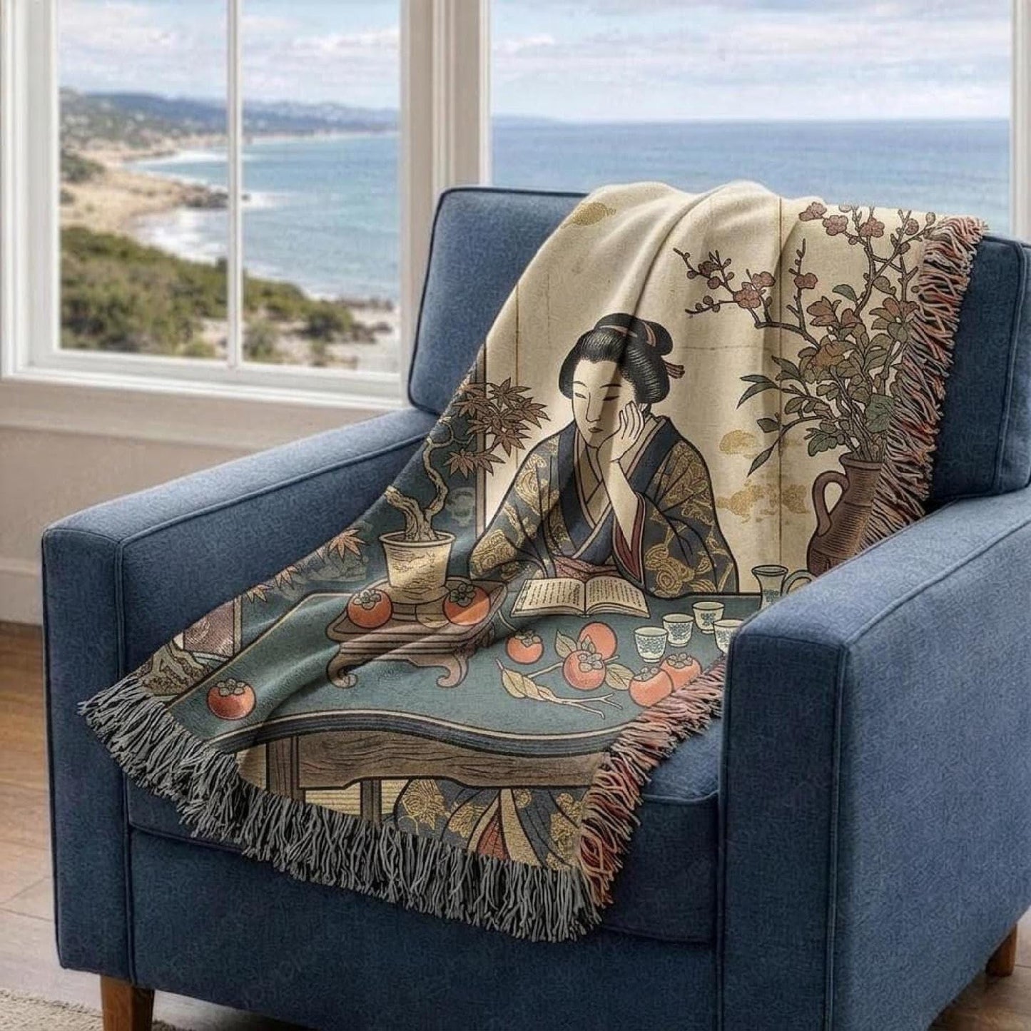 Boho woven blanket with woven pattern styled for layered home decor