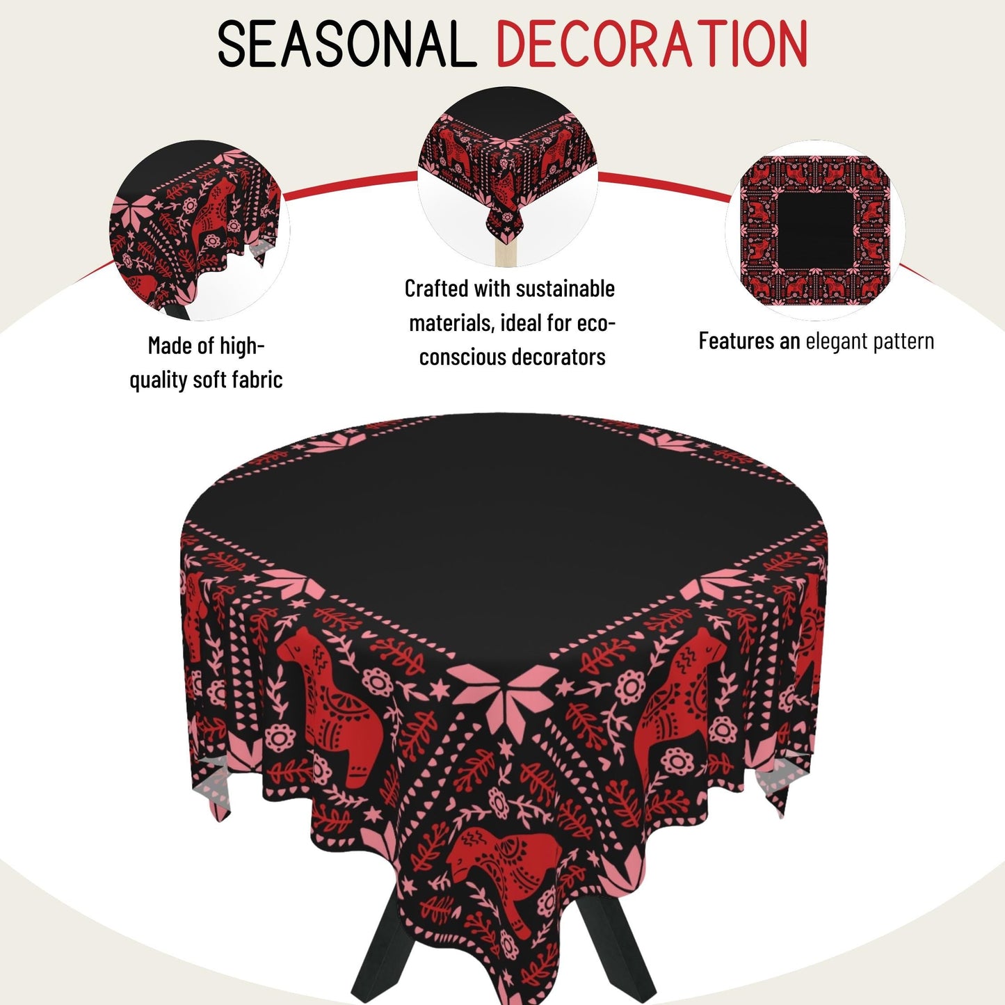 Scandi Dala Horse Tablecloth - Nordic Holiday Table Cover | Cozy Winter Dining Accent