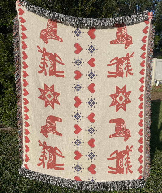 Dala Horse Throw – Scandi Woven Blanket With Nordic Reindeer Decor & Cozy Cotton Yarn - timelessbohochic.com