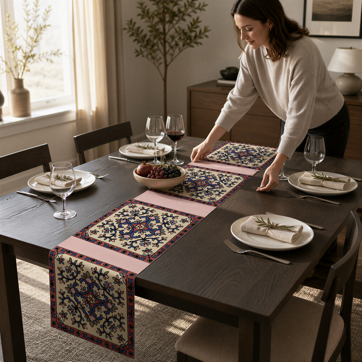 Cream Armenian floral table runner on a dining table set with white plates and glasses
