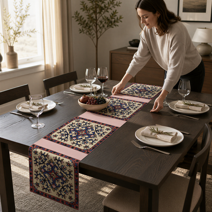Cream Armenian floral table runner on a dining table set with white plates and glasses
