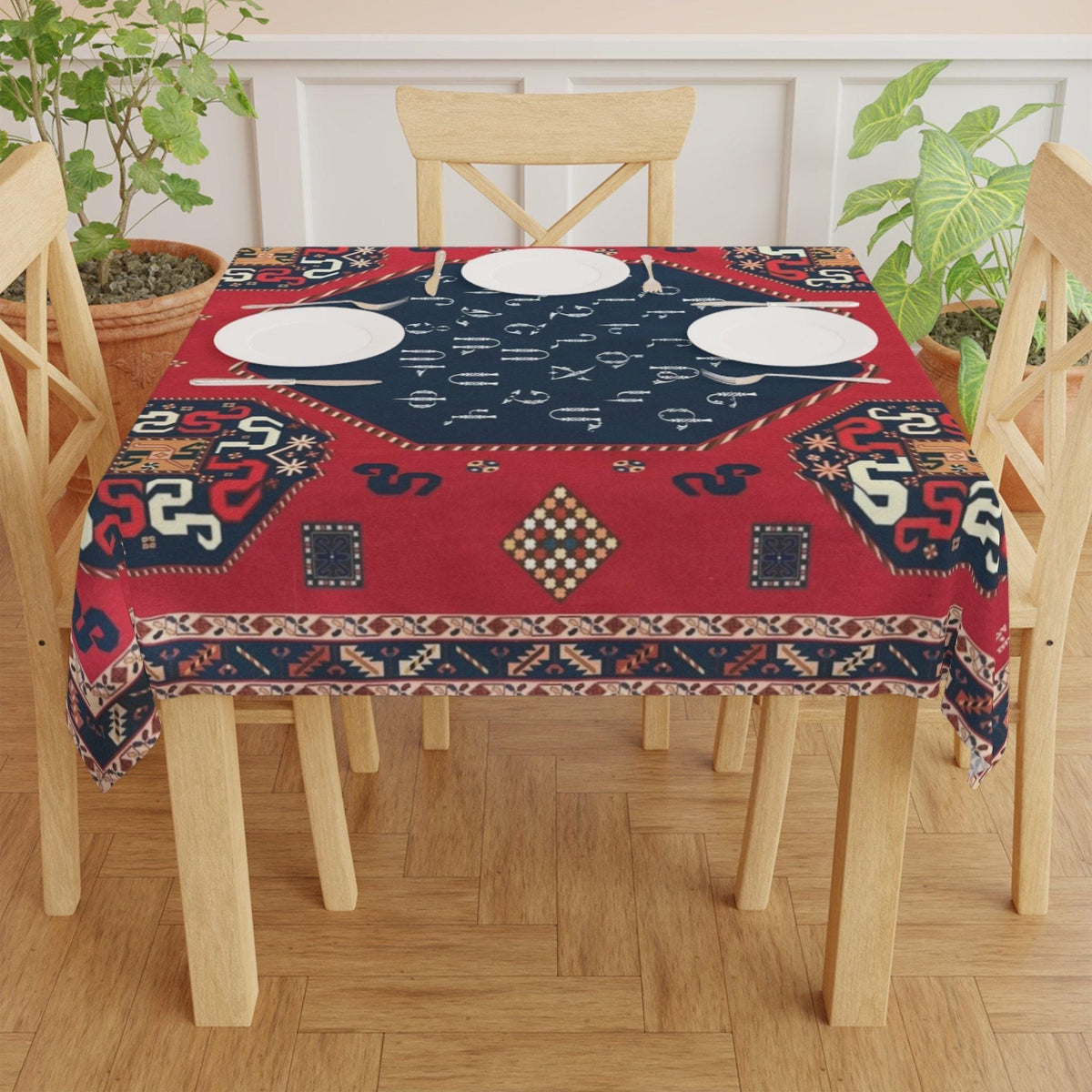 Armenian letters square tablecloth in navy and red shown flat with the full square design visible