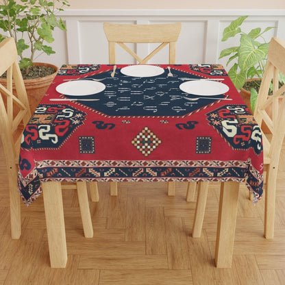 Armenian letters square tablecloth in navy and red shown flat with the full square design visible
