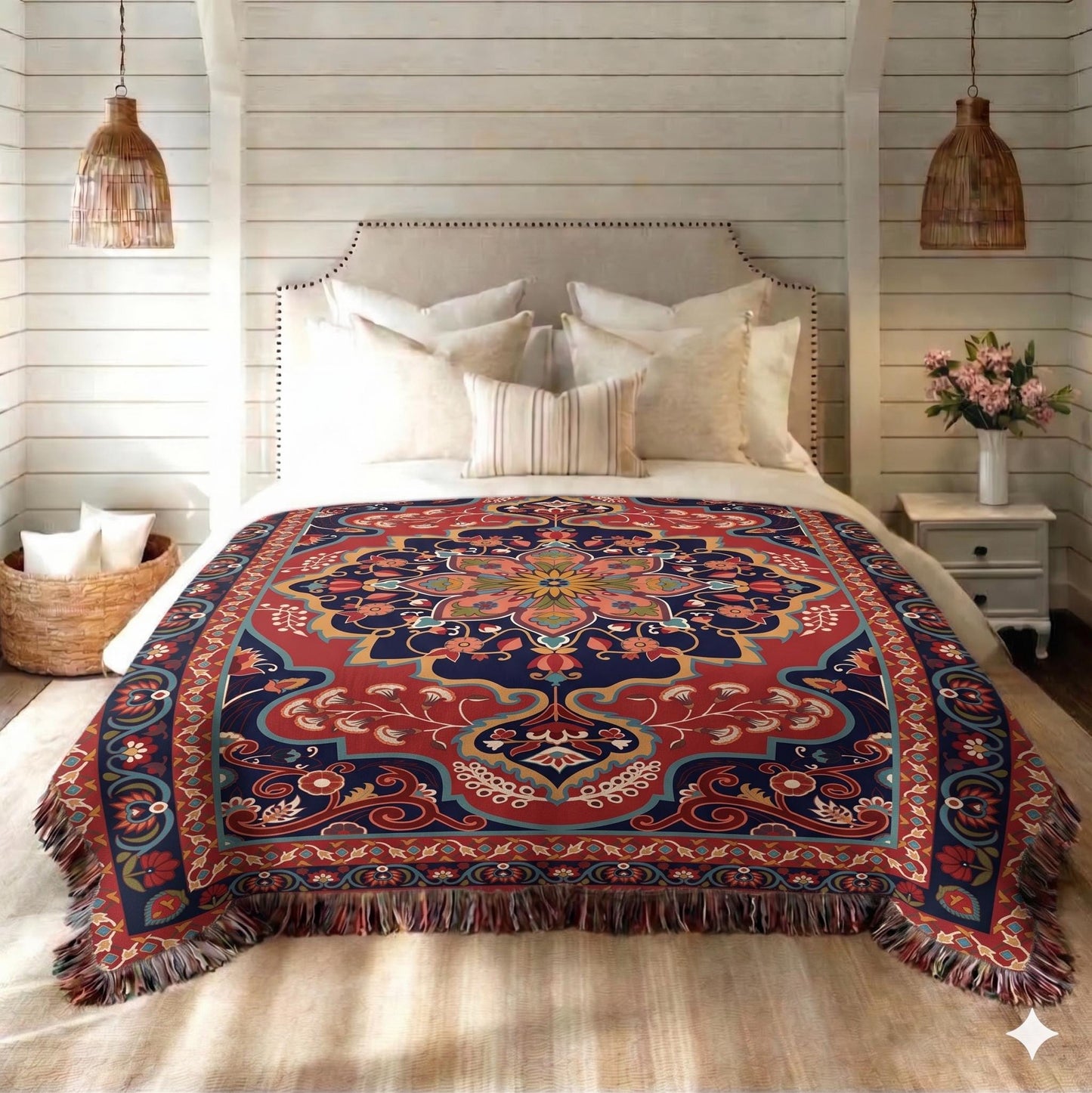 Anatolian Inspired woven blanket with rug-style pattern styled for layered home decor