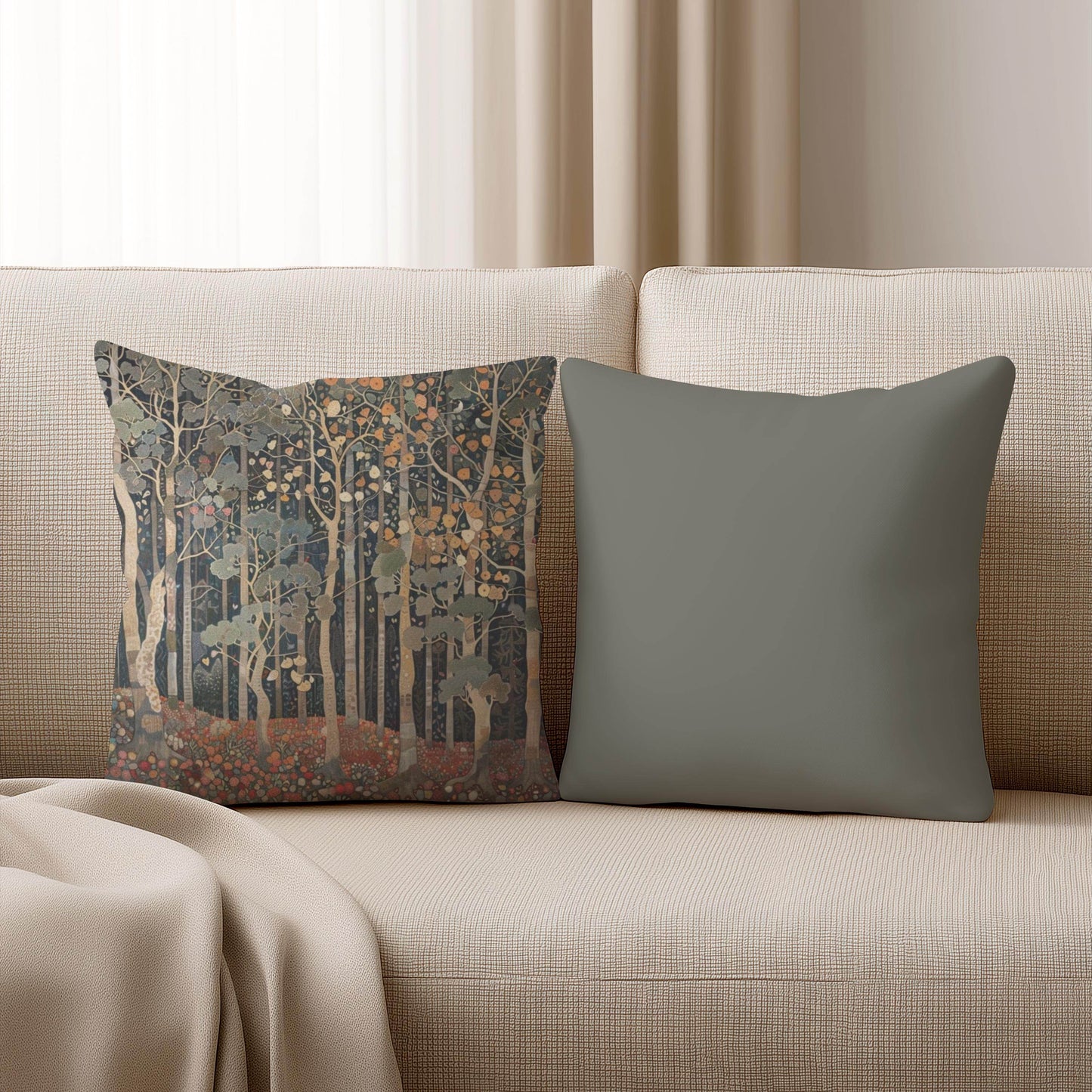 Art Deco Cushion - Retro Style Pillow with Forest Design | Woven Cotton 18x18 - timelessbohochic.com