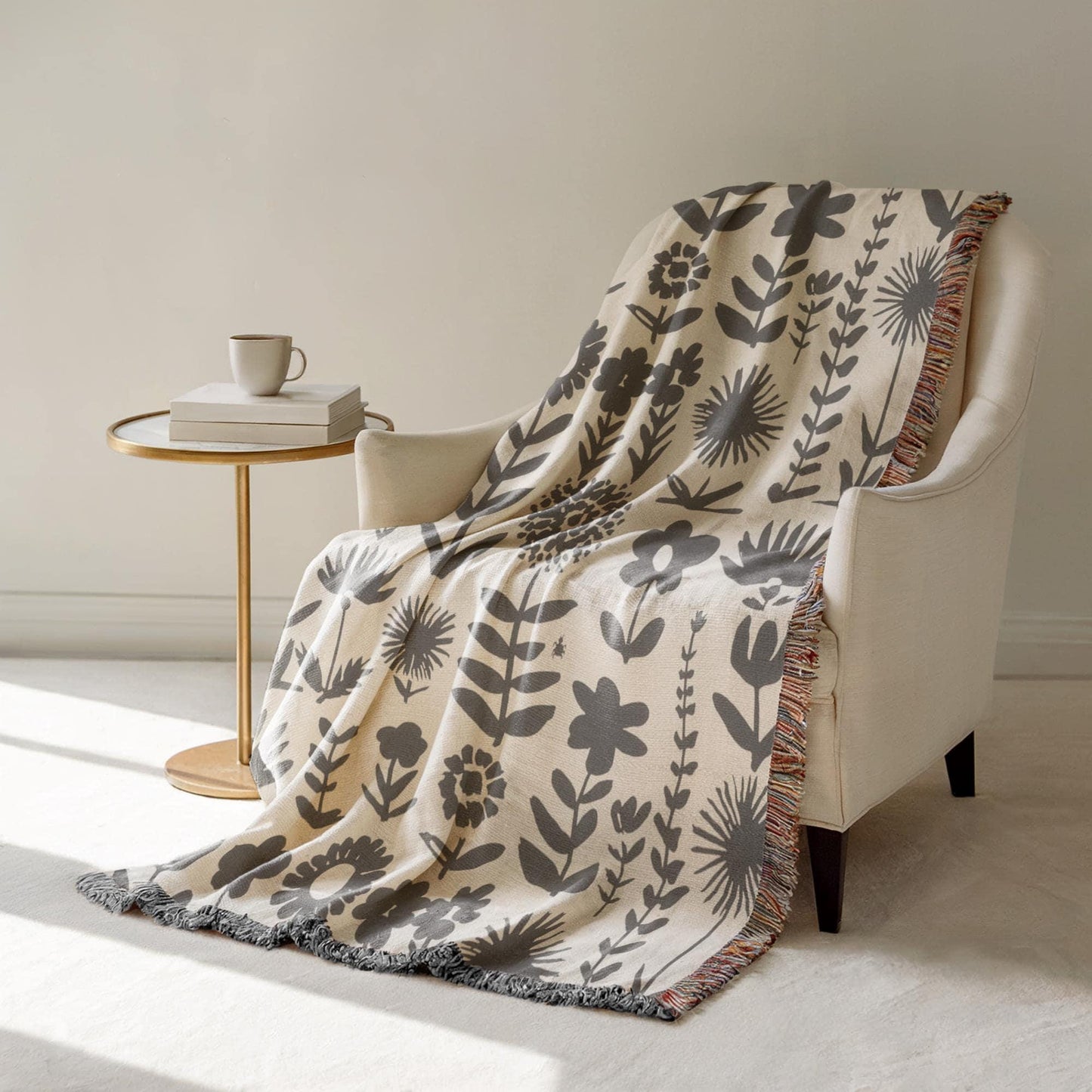 Wildflowers Meadows Blanket - Handmade Woven Throw With Botanical Print, Cozy Cotton