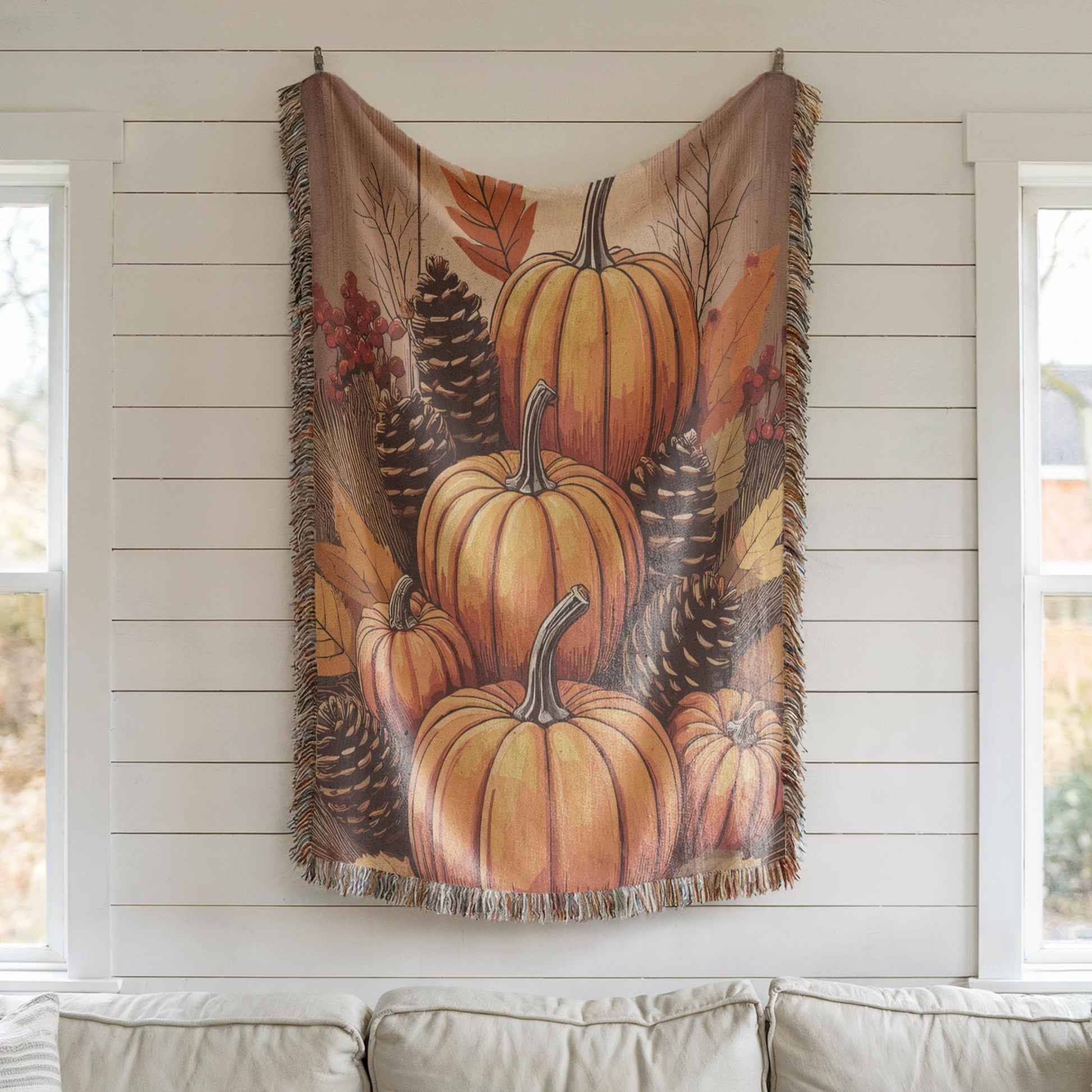Fall Decor Thanksgiving Art Tapestry with Pumpkins Wall Hanging, Autumn Harvest Season Gift Fall Textile Wall Art for Home Decor & Fireplace