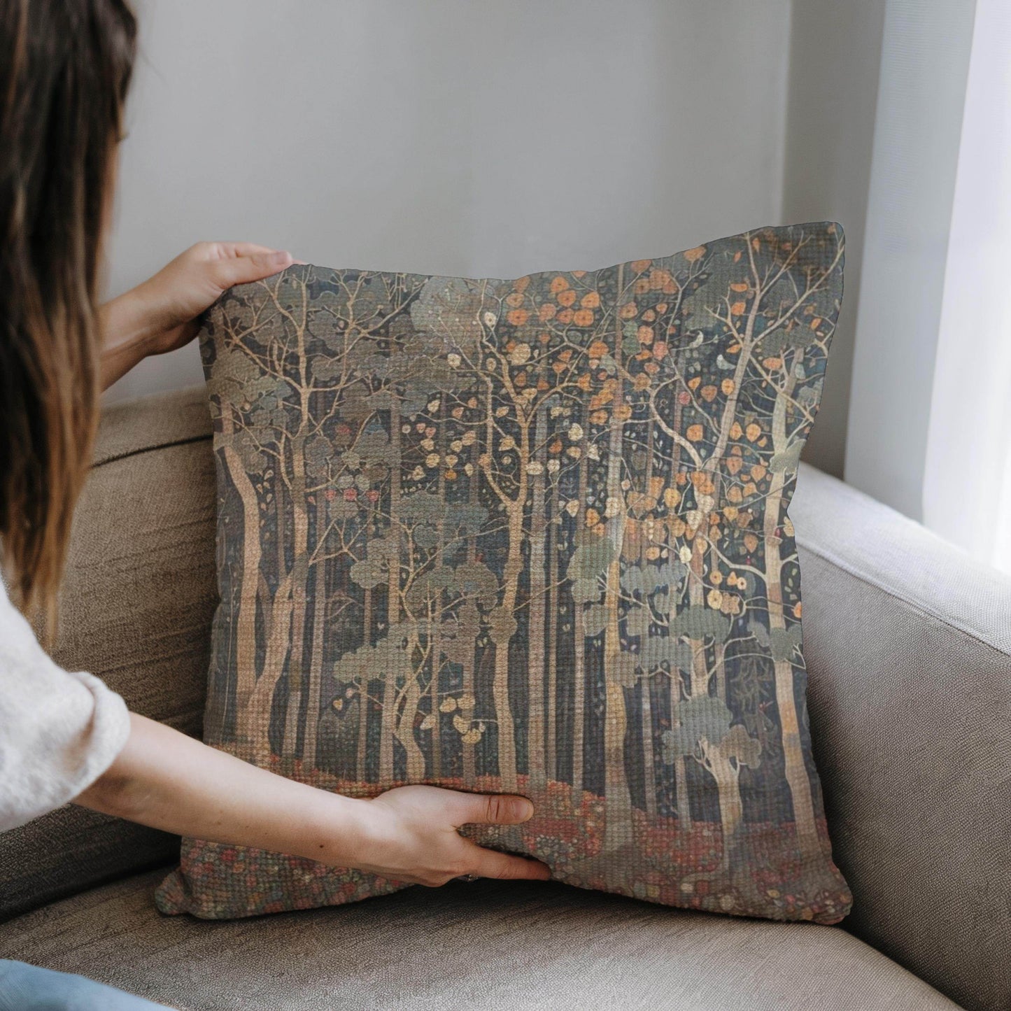 Art Deco Cushion - Retro Style Pillow with Forest Design | Woven Cotton 18x18 - timelessbohochic.com